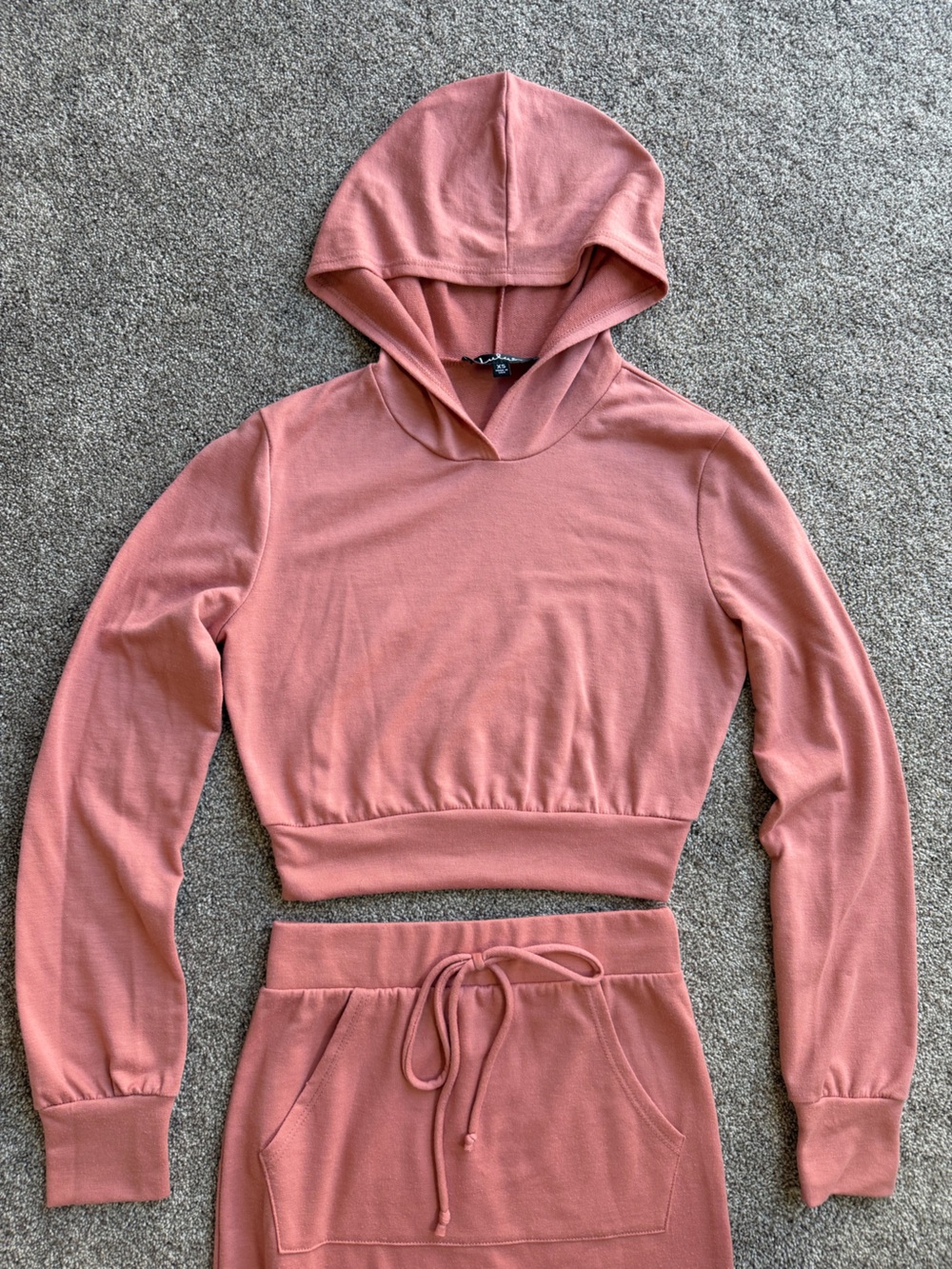 Lulu's Dusty Rose Gold Pink Cropped Hooded Sweatshirt & Midi Skirt Set Size XS - Picture 6 of 15